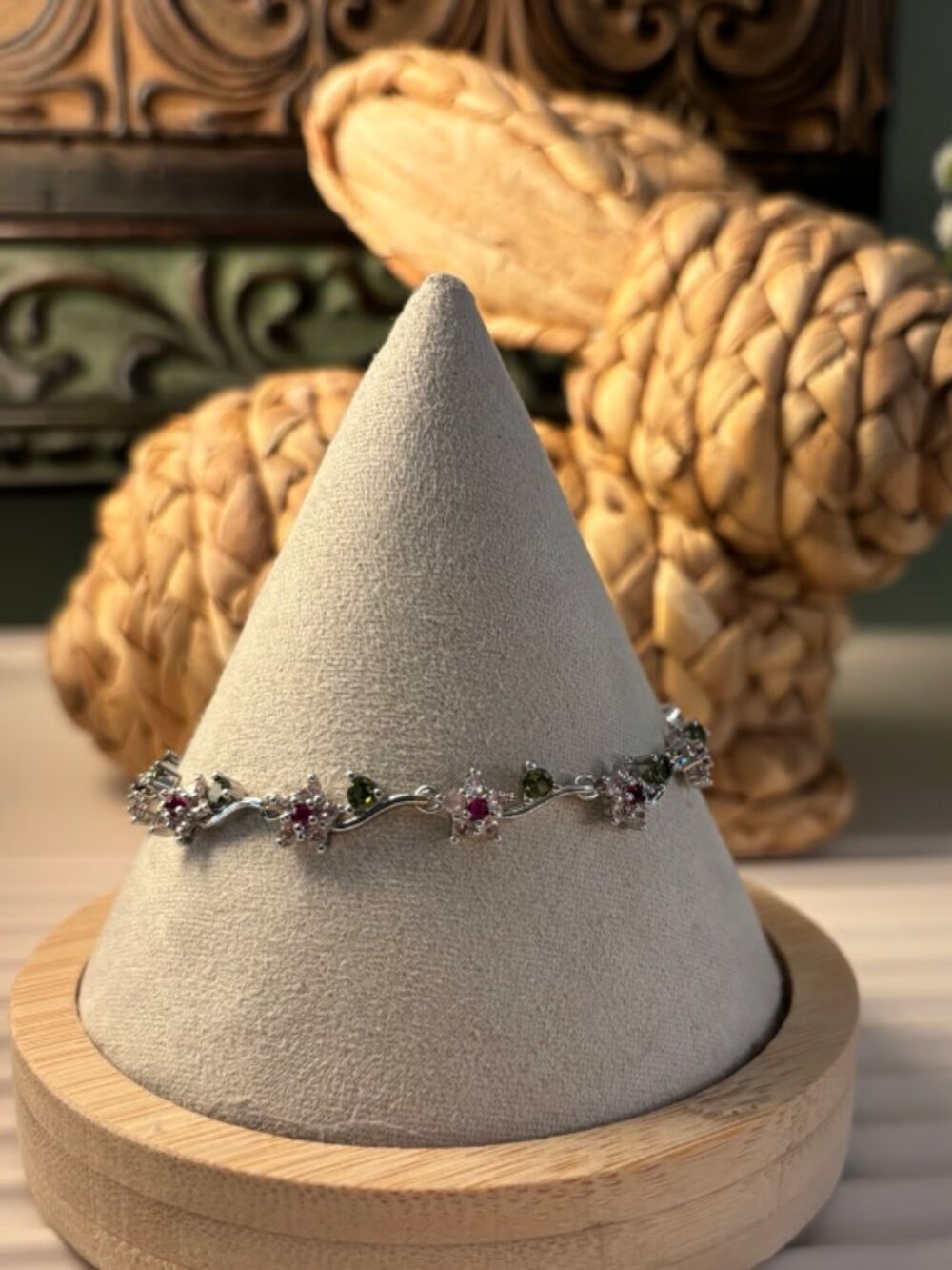 Stainless steel pink flowers with green gems rhodium plating bracelet